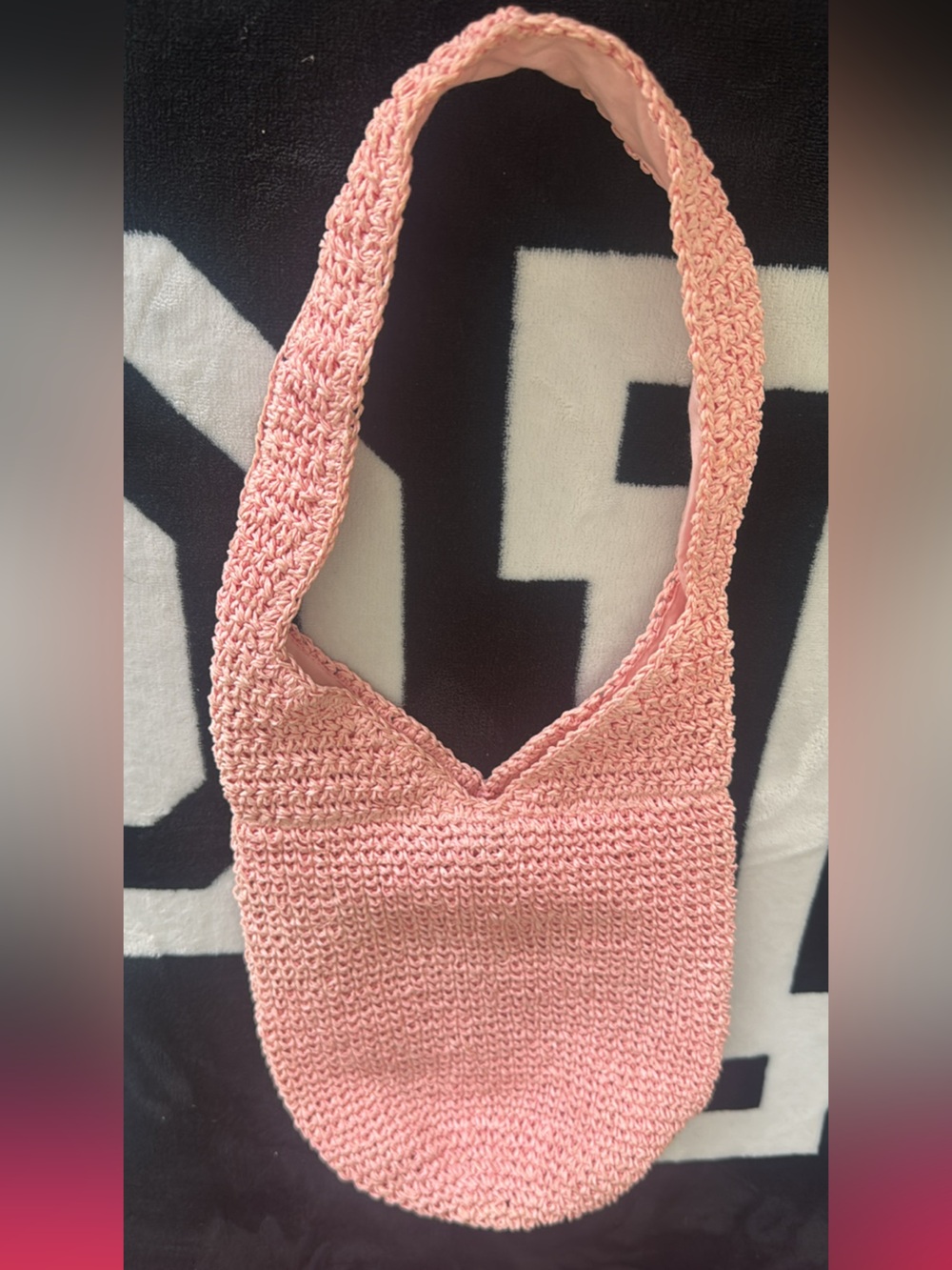 Pink Crochet Shoulder Bag with Soft Knit Strap